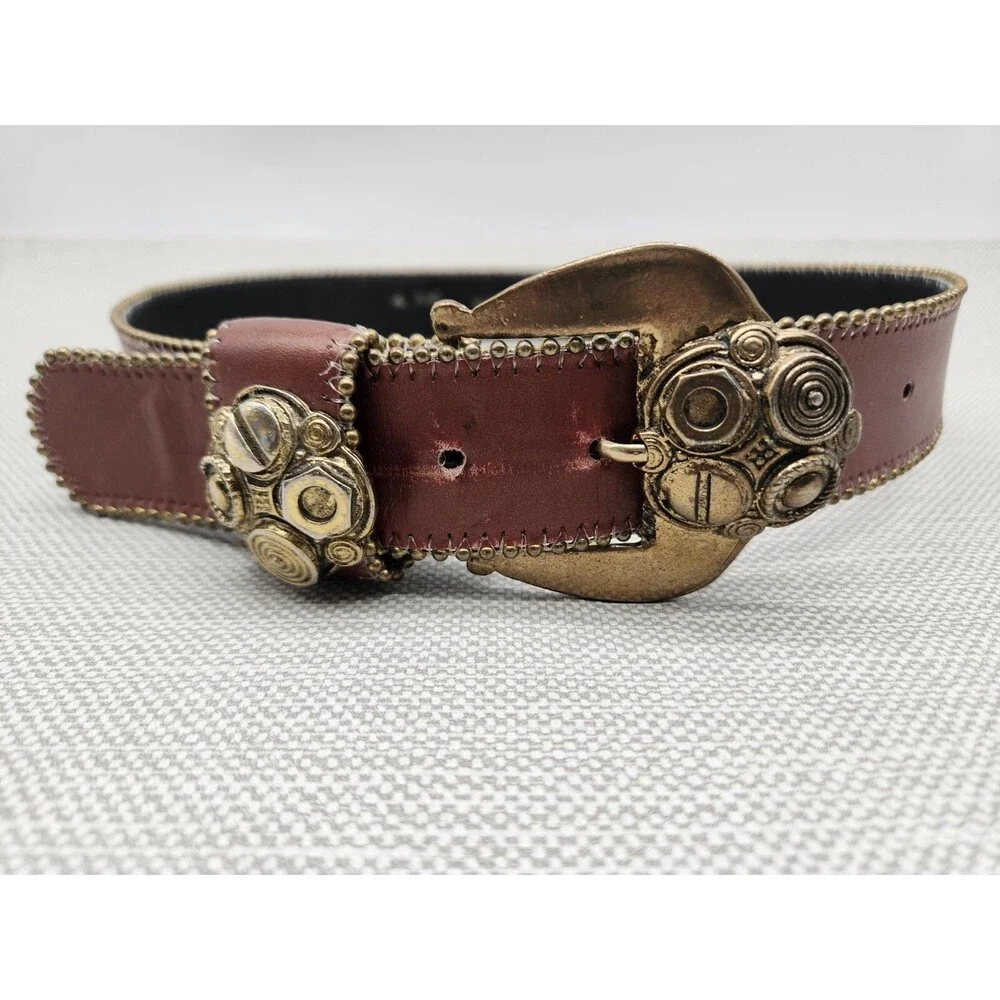 Leatherock M/L Brown Leather Belt Women Embellished Screws Nuts Buckle